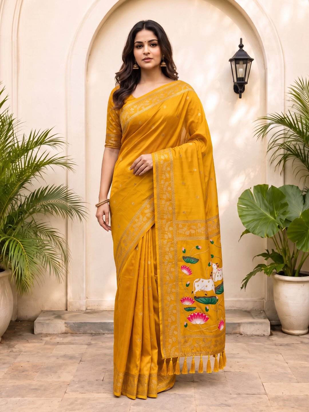 Gold Soft Zari Woven Saree with Lotus Pichwai Concept Pallu
