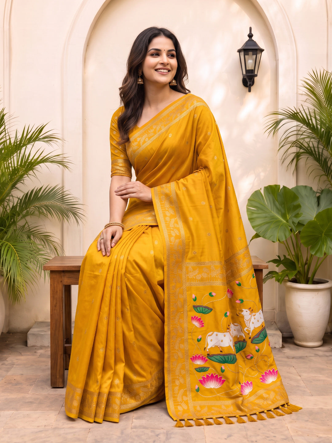 Gold Soft Zari Woven Saree with Lotus Pichwai Concept Pallu