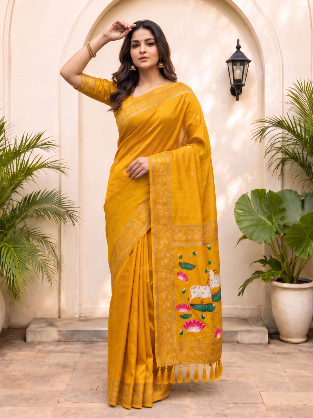 Gold Soft Zari Woven Saree with Lotus Pichwai Concept Pallu