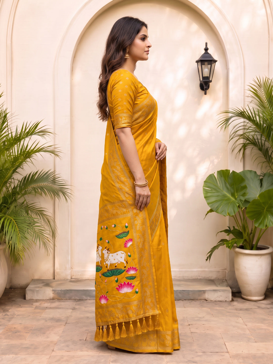 Gold Soft Zari Woven Saree with Lotus Pichwai Concept Pallu