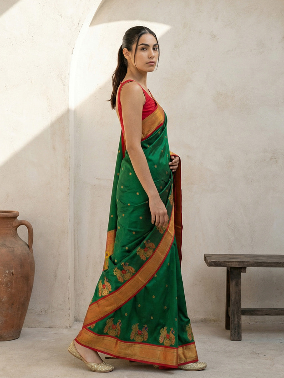 Green Soft Traditional Paithani Silk Zari Woven Peacock Pattern Saree