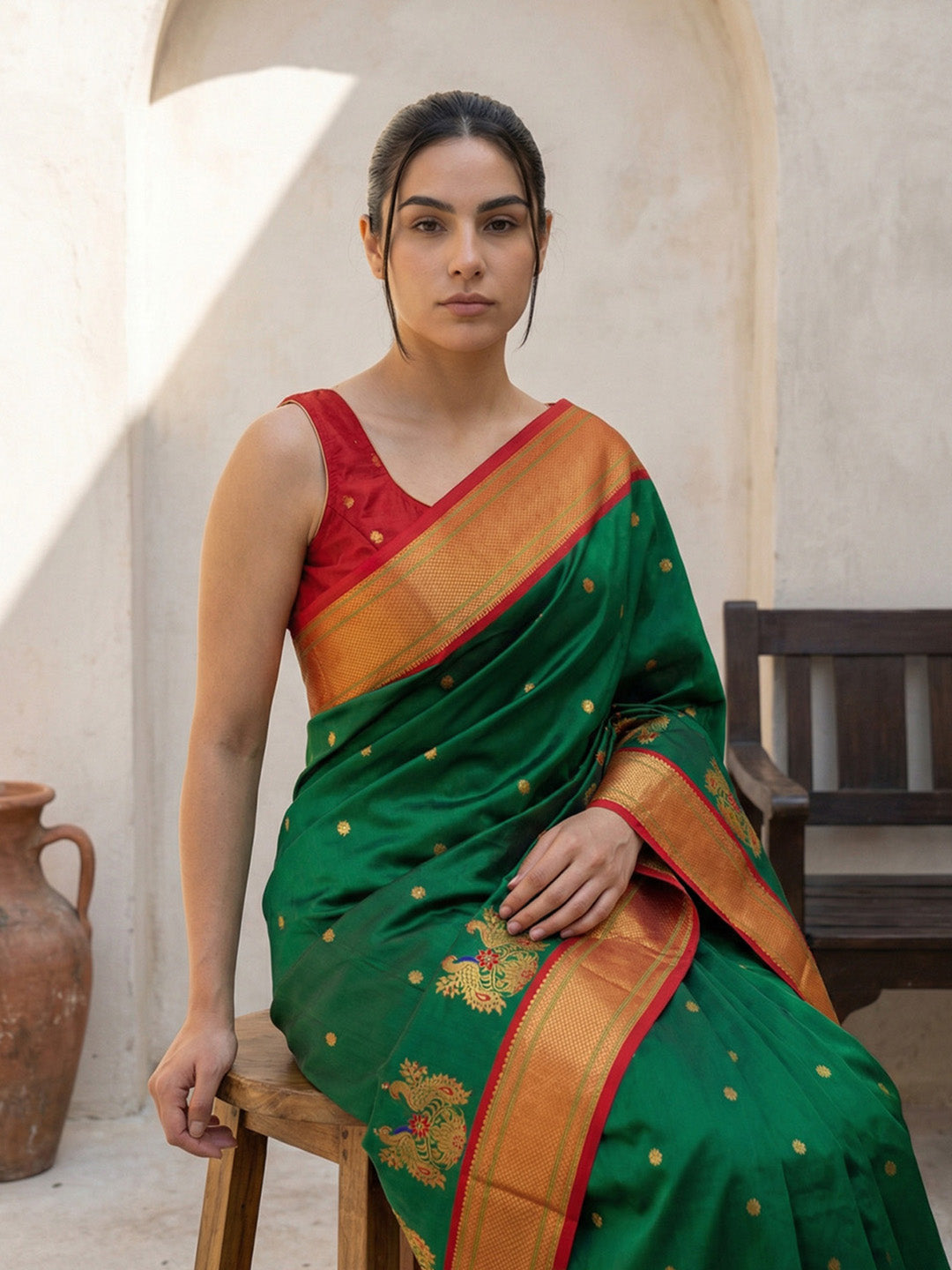 Green Soft Traditional Paithani Silk Zari Woven Peacock Pattern Saree