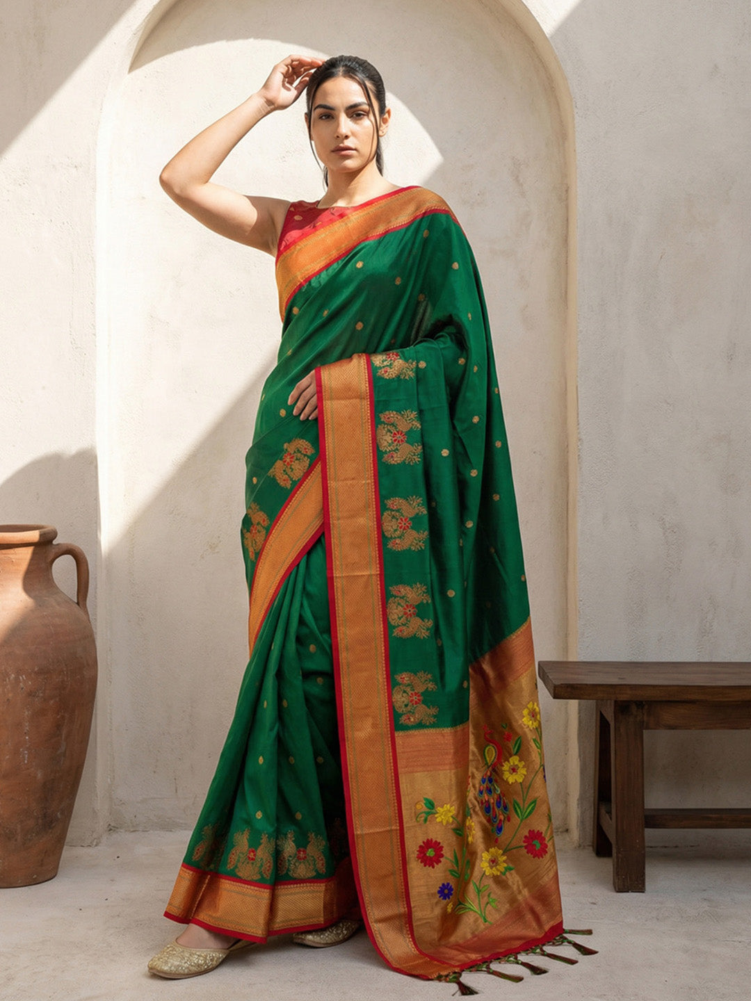 Green Soft Traditional Paithani Silk Zari Woven Peacock Pattern Saree
