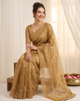 Gold Organza Silk Saree with Sequins Embroidery Work Saree