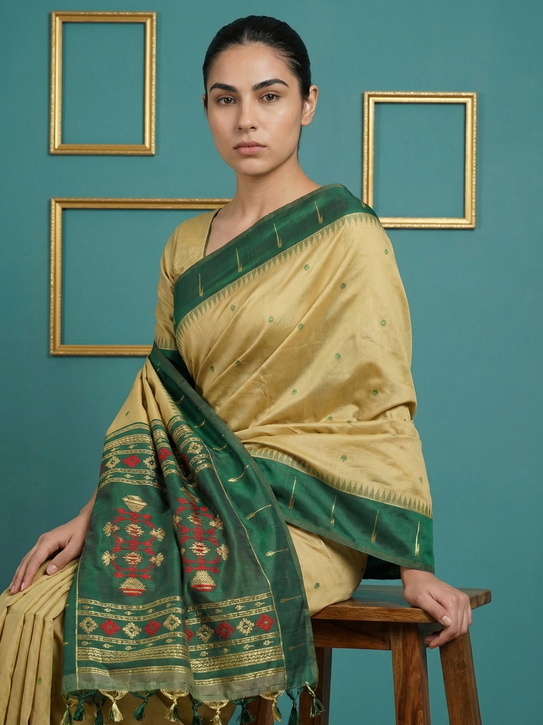 Cream &amp; Green Handloom Traditional Yeola Paithani Silk Saree