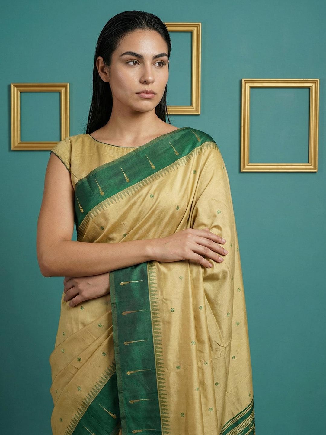 Cream &amp; Green Handloom Traditional Yeola Paithani Silk Saree