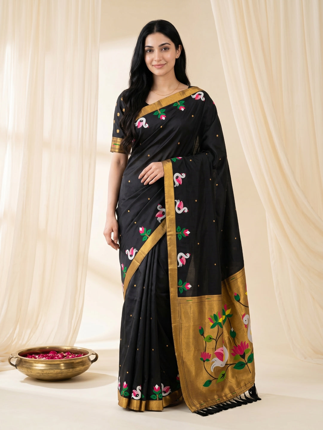 Black Soft Paithani Silk Saree with Swan Concept Saree
