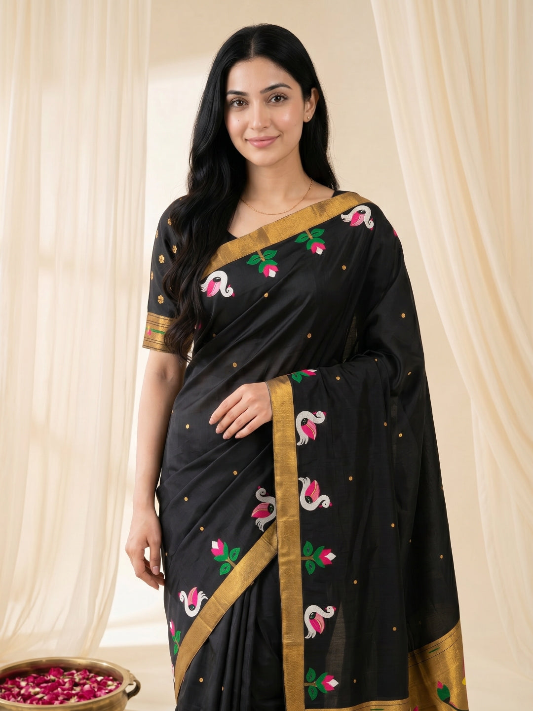 Black Soft Paithani Silk Saree with Swan Concept Saree