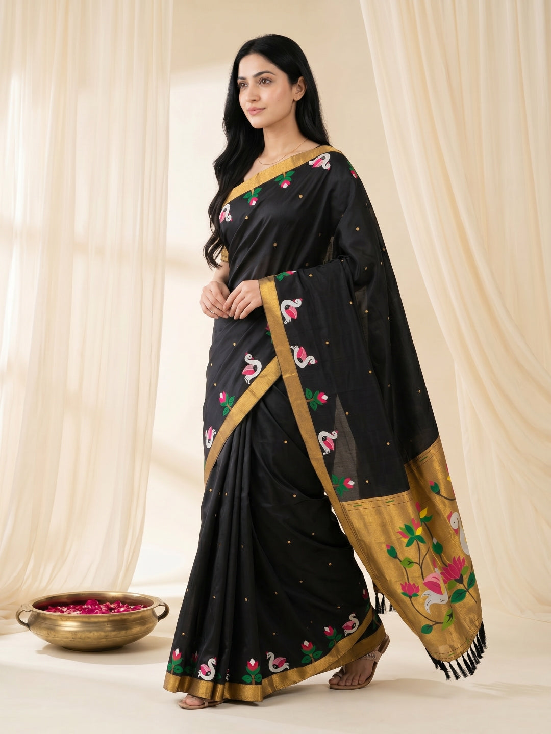 Black Soft Paithani Silk Saree with Swan Concept Saree