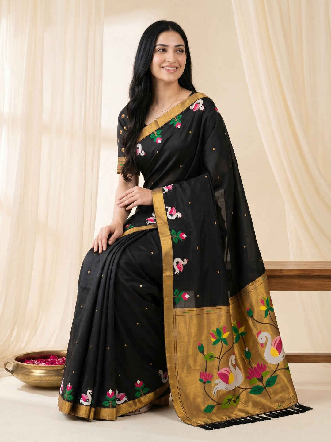 Black Soft Paithani Silk Saree with Swan Concept Saree