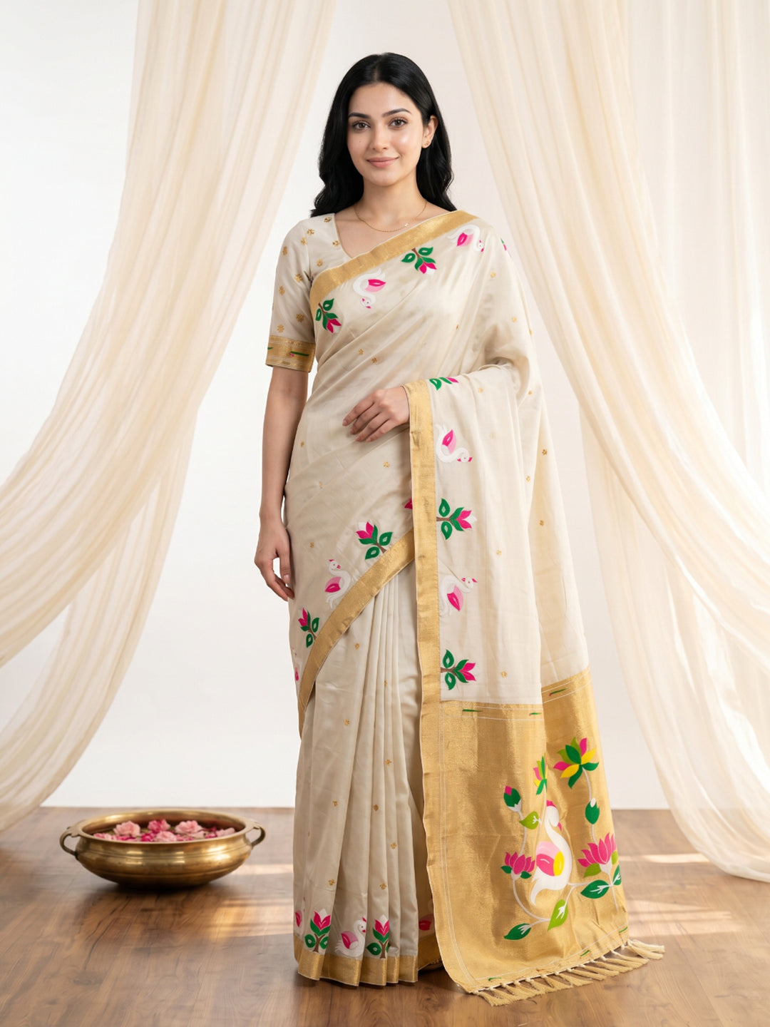 Cream Soft Paithani Silk Saree with Swan Concept Saree