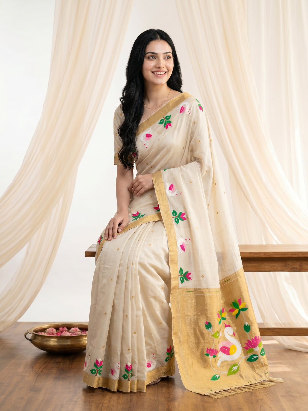 Cream Soft Paithani Silk Saree with Swan Concept Saree