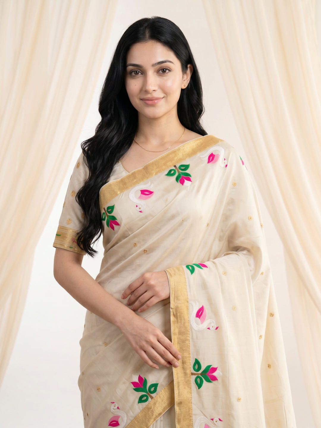 Cream Soft Paithani Silk Saree with Swan Concept Saree