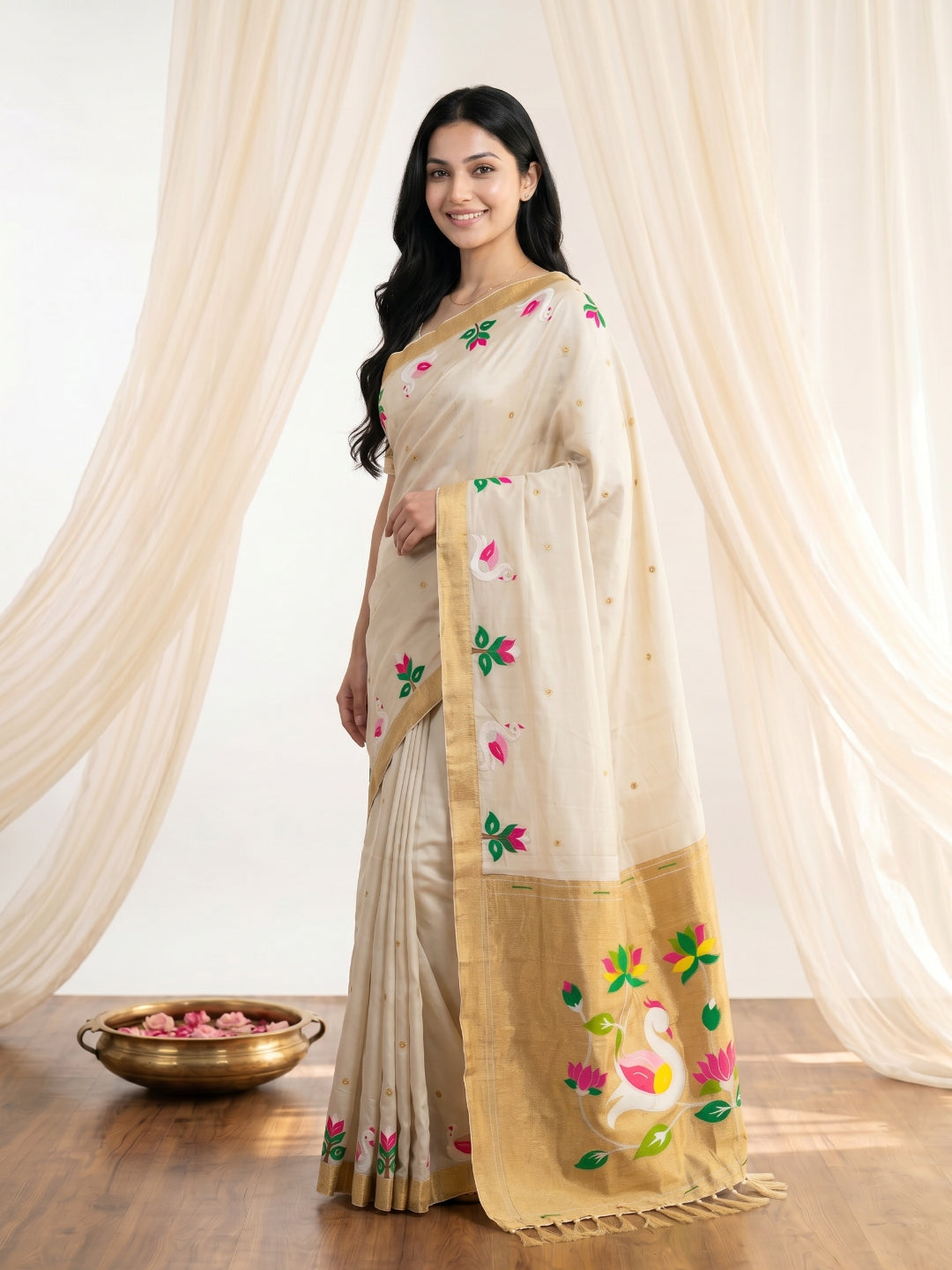Cream Soft Paithani Silk Saree with Swan Concept Saree