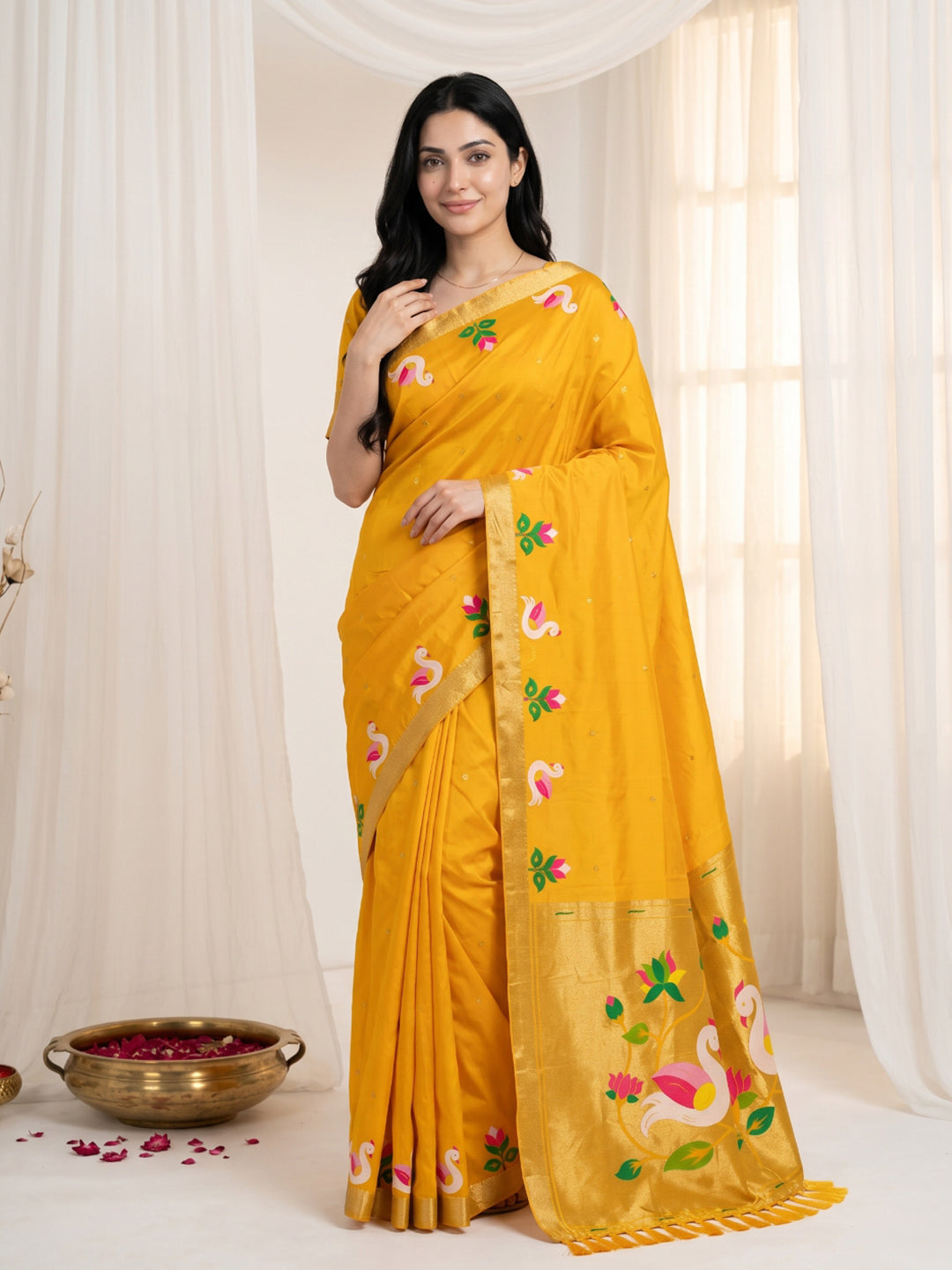 Gold Soft Paithani Silk Saree with Swan Concept Saree
