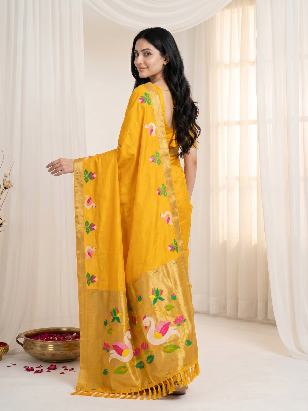 Gold Soft Paithani Silk Saree with Swan Concept Saree