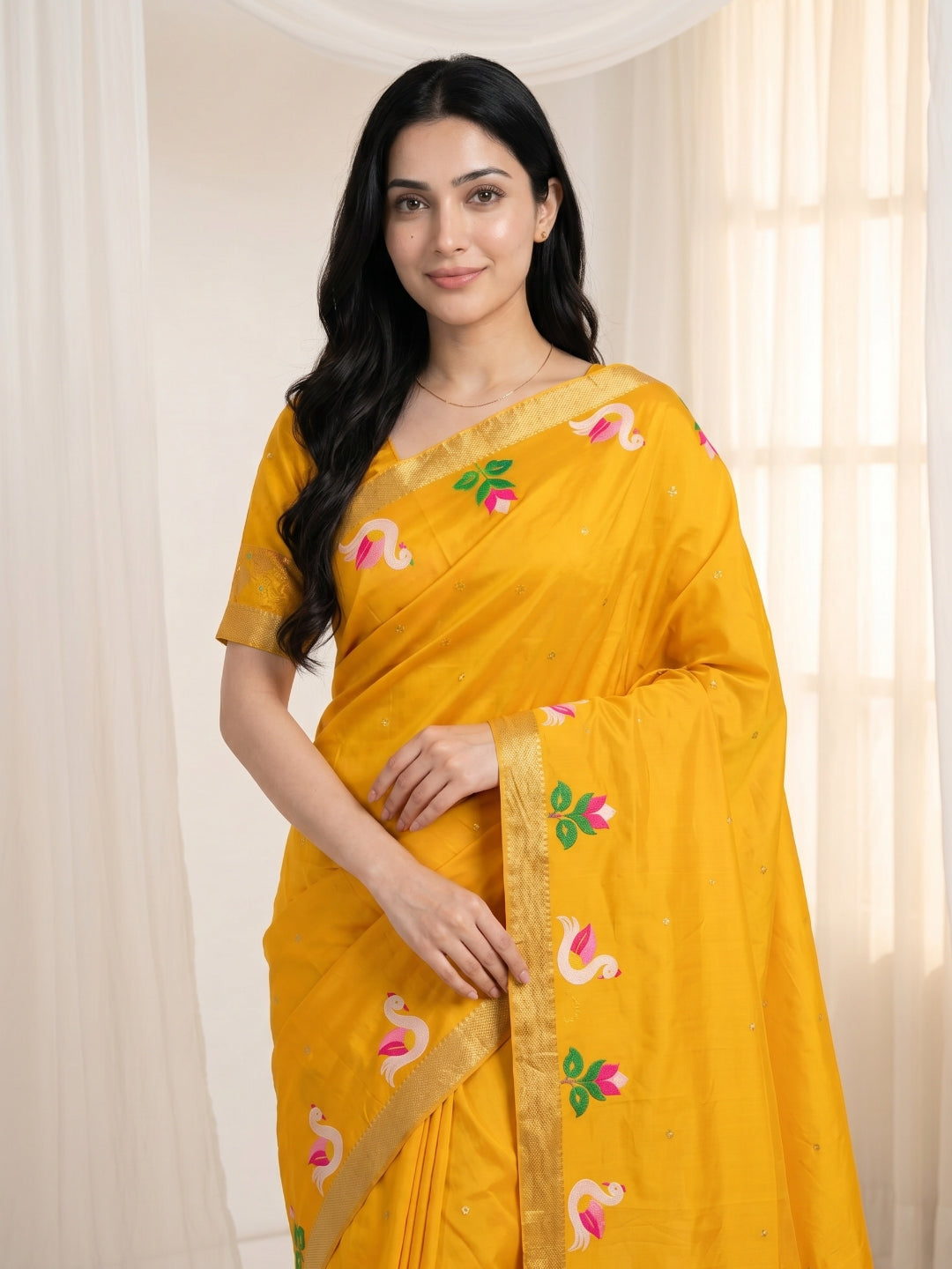 Gold Soft Paithani Silk Saree with Swan Concept Saree