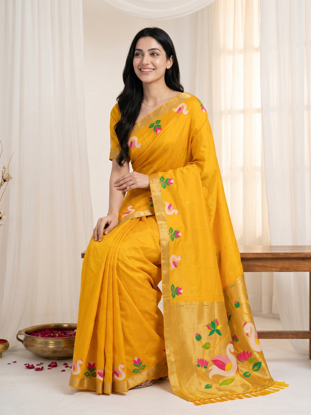 Gold Soft Paithani Silk Saree with Swan Concept Saree