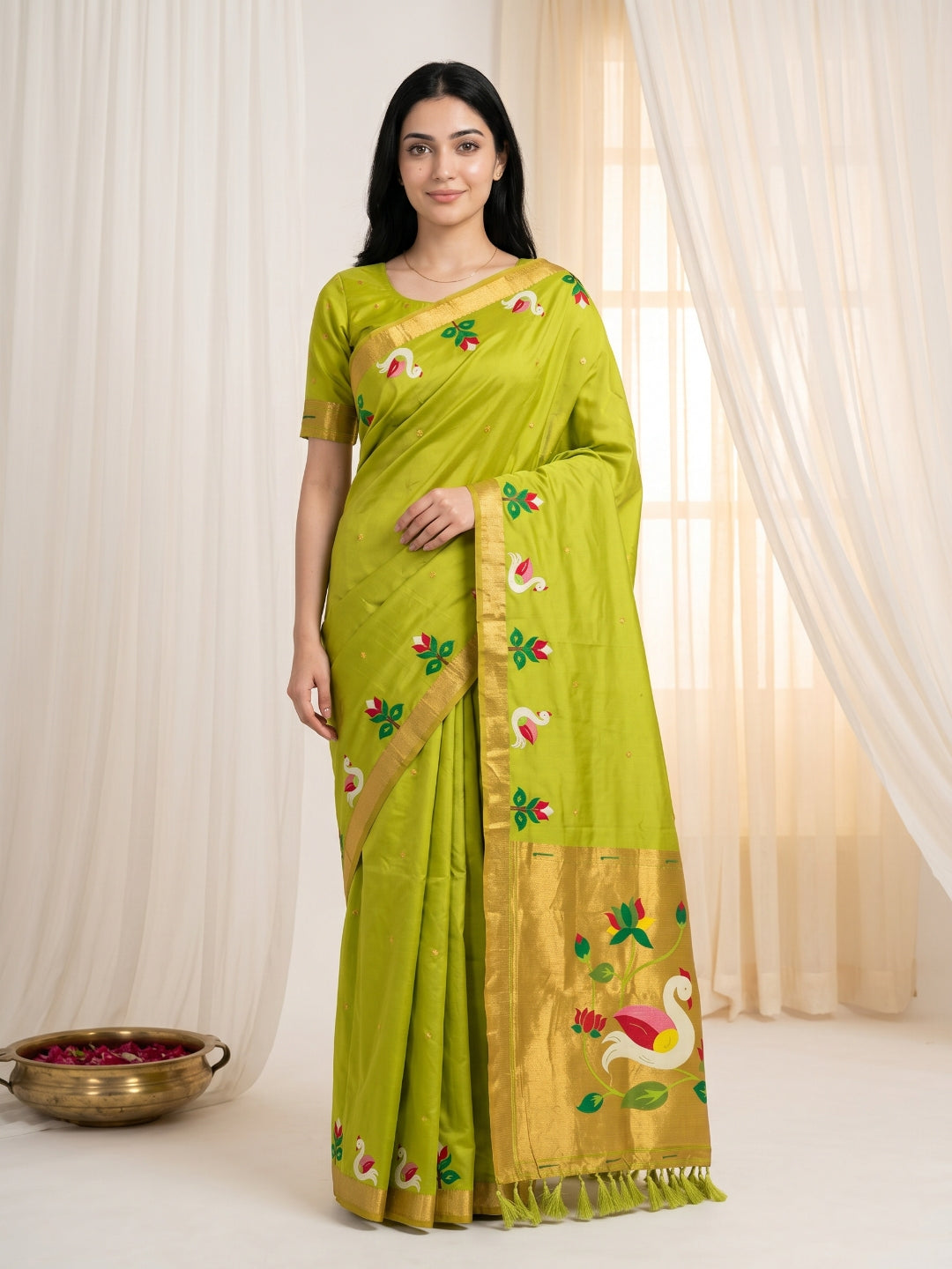 Mehendi Green Soft Paithani Silk Saree with Swan Concept Saree