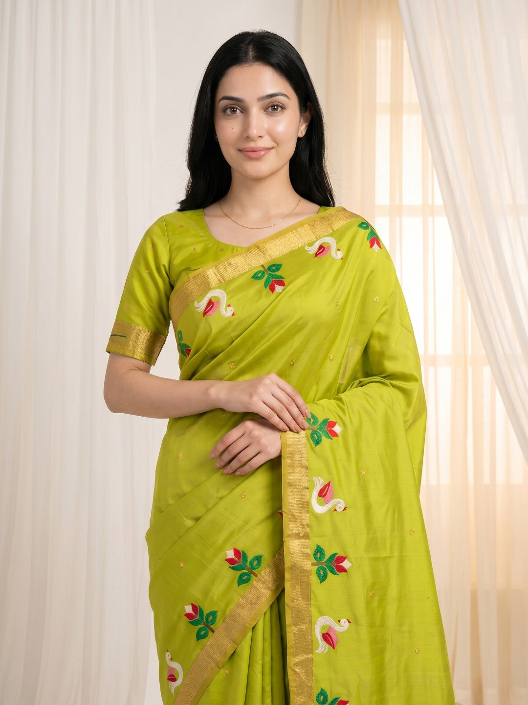 Mehendi Green Soft Paithani Silk Saree with Swan Concept Saree