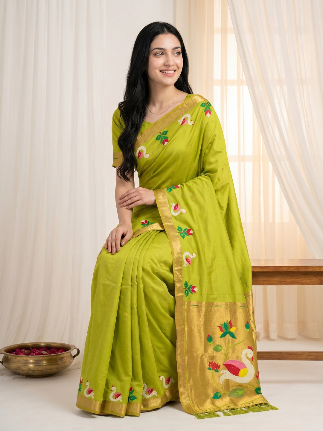 Mehendi Green Soft Paithani Silk Saree with Swan Concept Saree