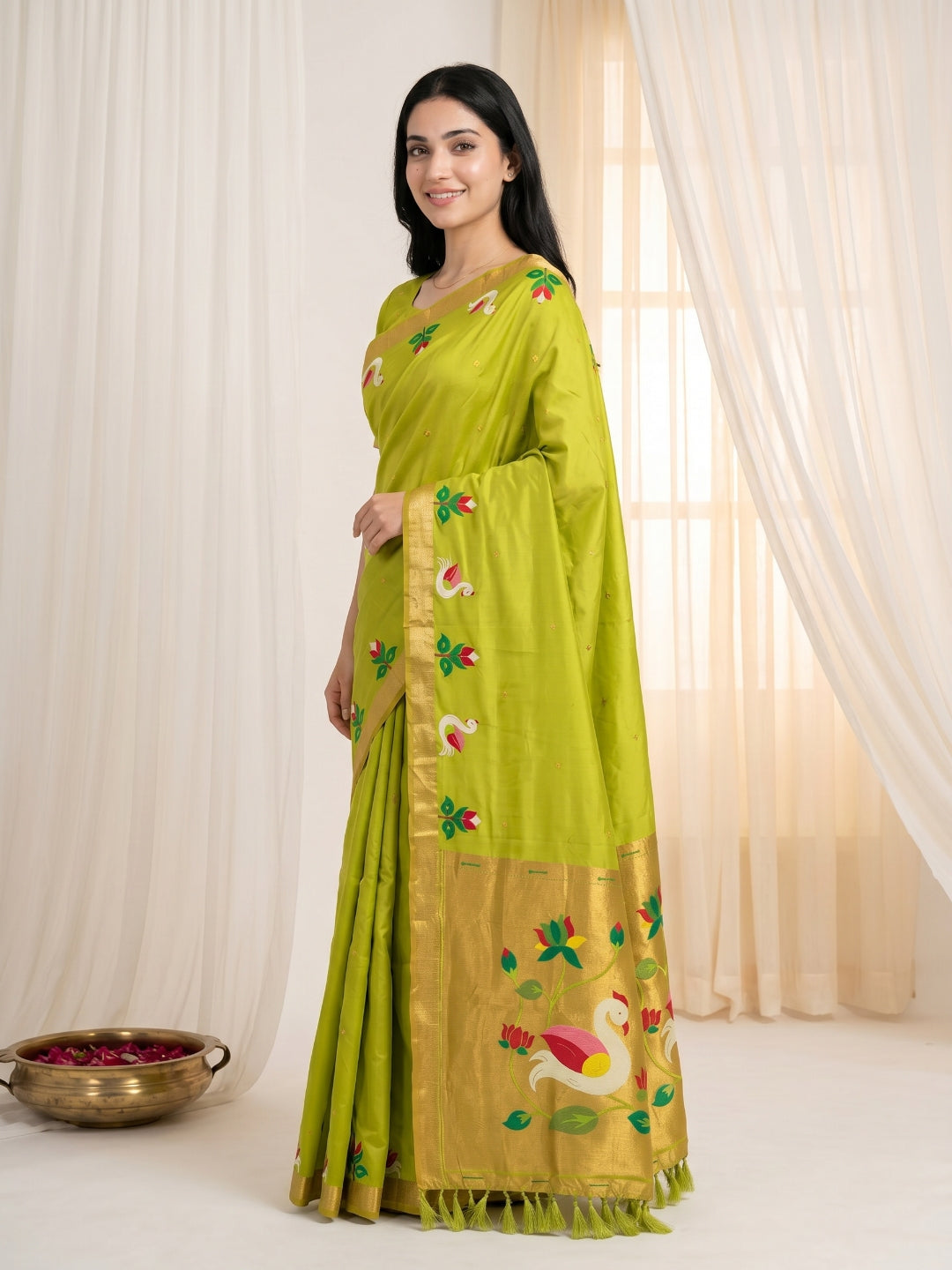 Mehendi Green Soft Paithani Silk Saree with Swan Concept Saree
