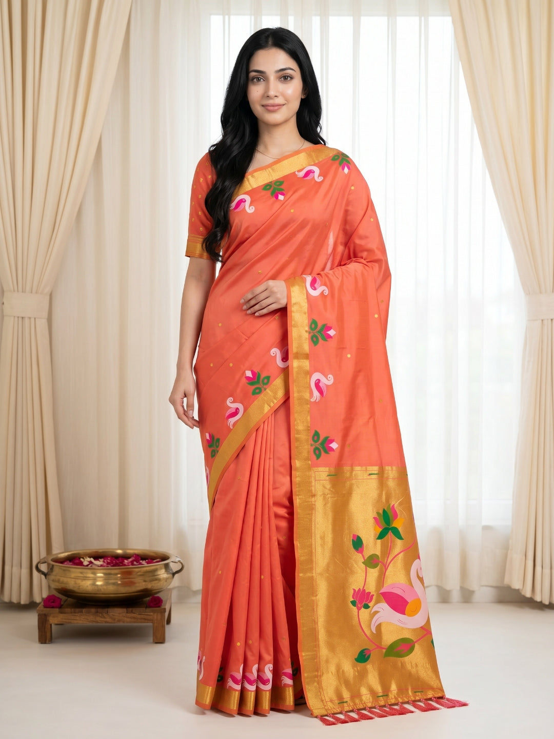 Peach Soft Paithani Silk Saree with Swan Concept Saree