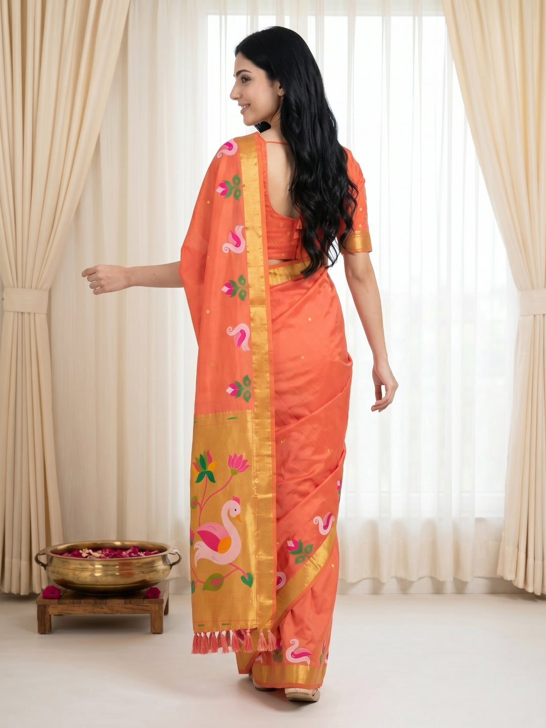 Peach Soft Paithani Silk Saree with Swan Concept Saree