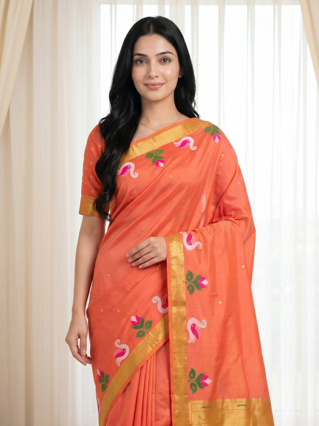 Peach Soft Paithani Silk Saree with Swan Concept Saree