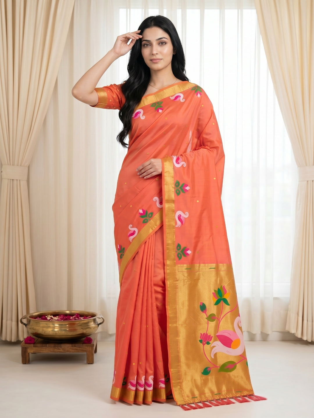 Peach Soft Paithani Silk Saree with Swan Concept Saree