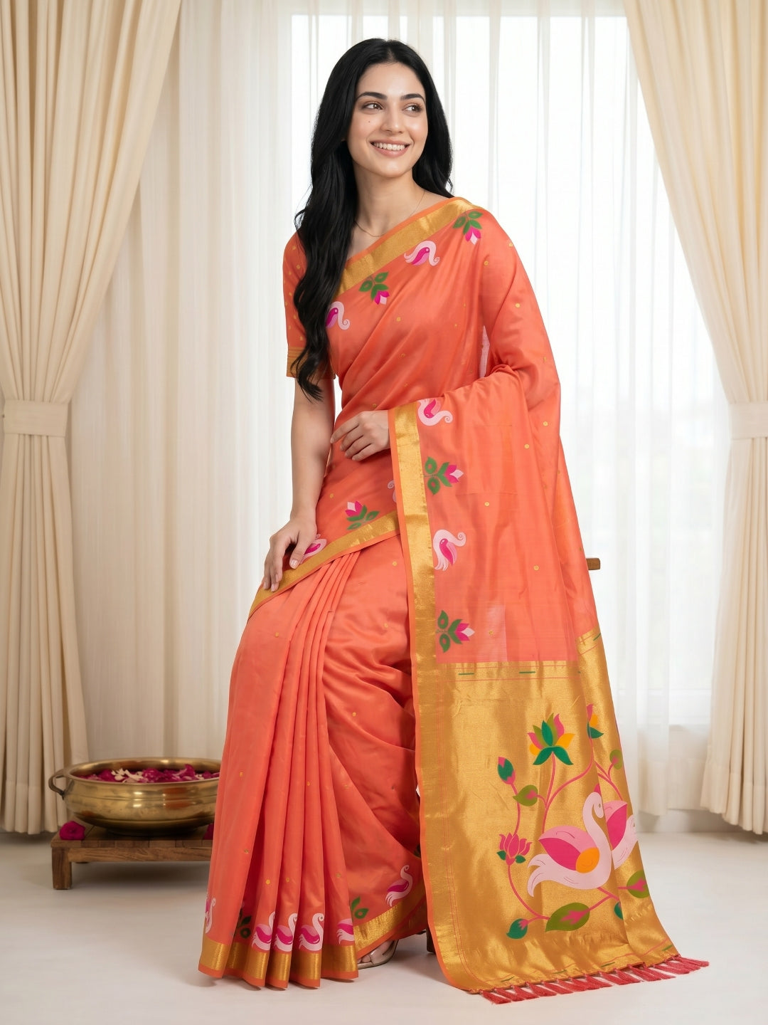 Peach Soft Paithani Silk Saree with Swan Concept Saree
