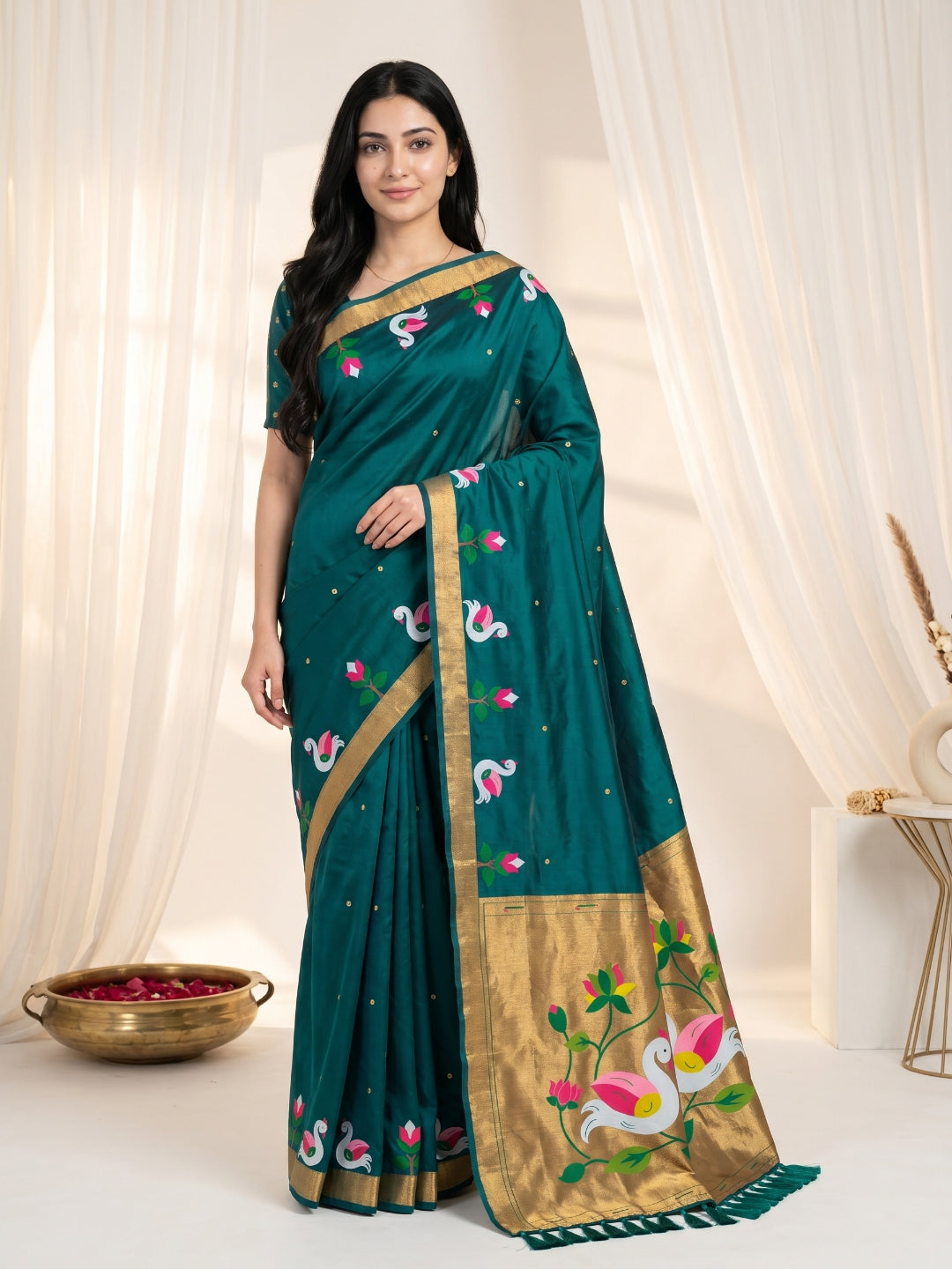 Peacock Blue Soft Paithani Silk Saree with Swan Concept Saree