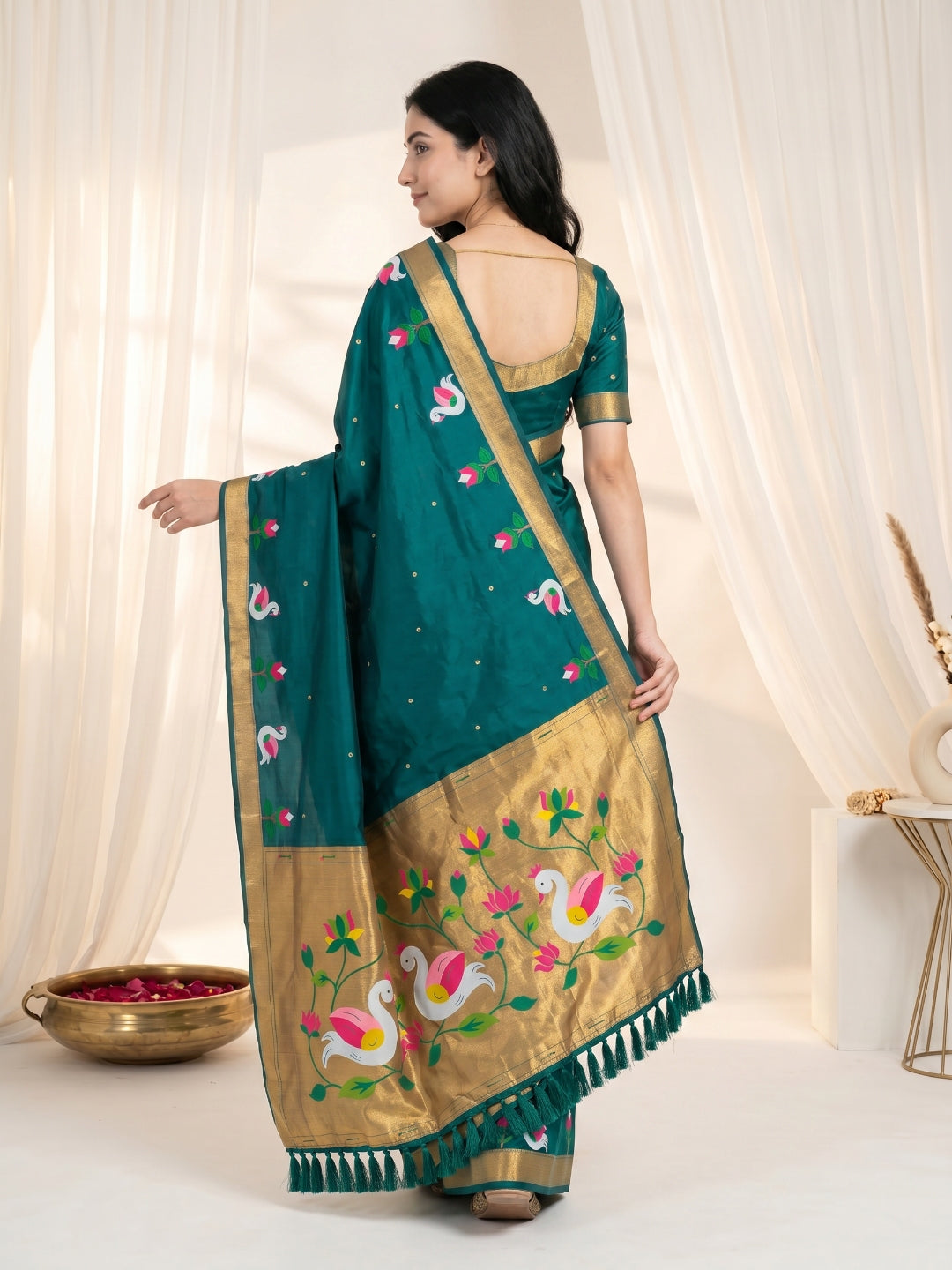 Peacock Blue Soft Paithani Silk Saree with Swan Concept Saree