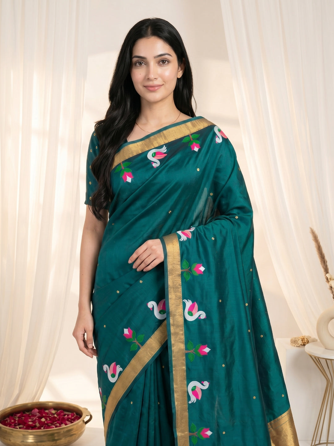 Peacock Blue Soft Paithani Silk Saree with Swan Concept Saree