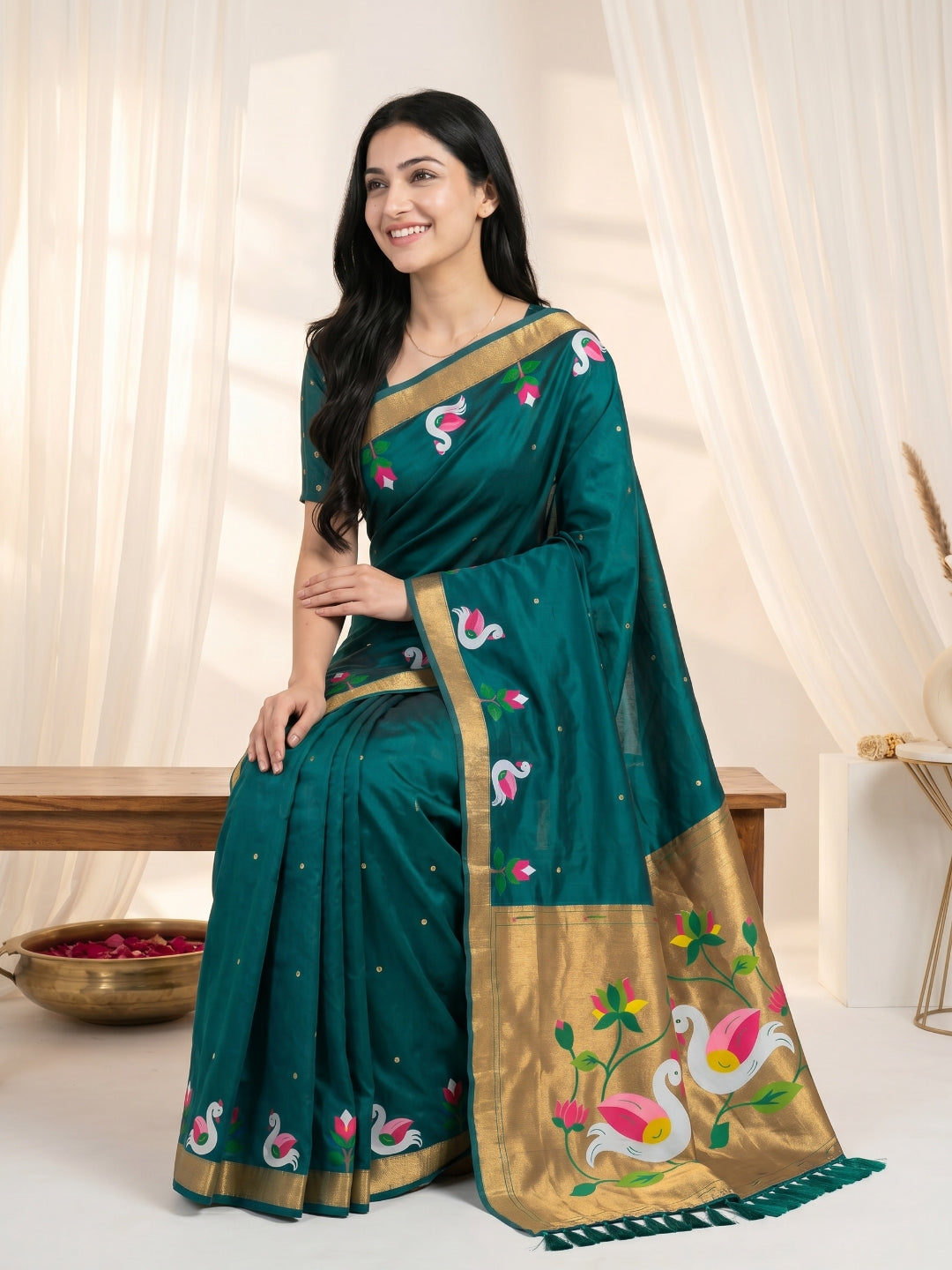 Peacock Blue Soft Paithani Silk Saree with Swan Concept Saree