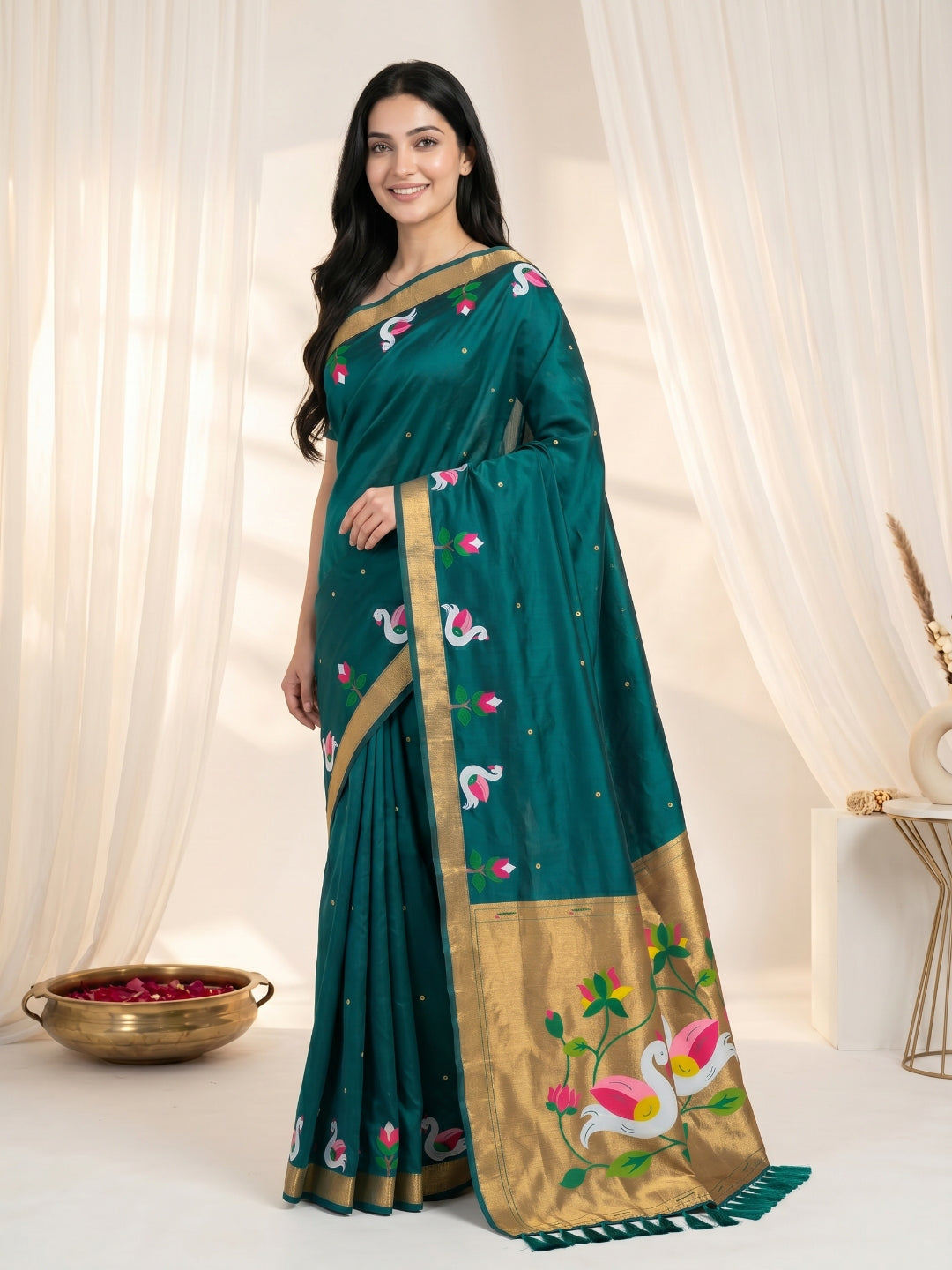 Peacock Blue Soft Paithani Silk Saree with Swan Concept Saree