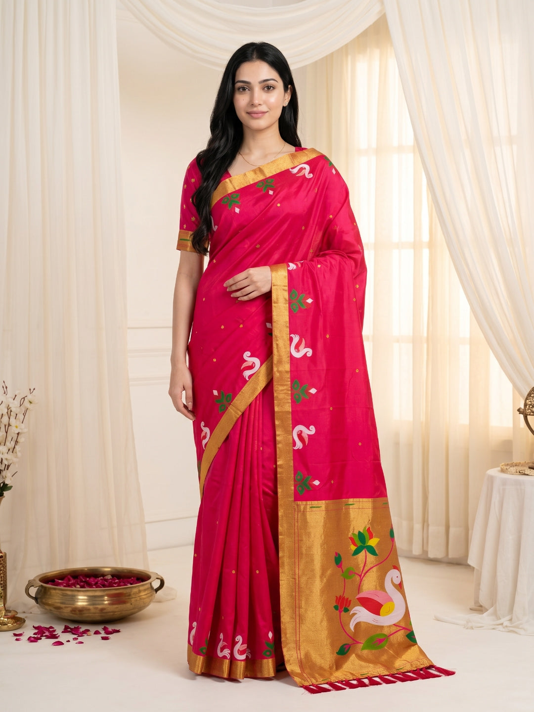Rani Pink Soft Paithani Silk Saree with Swan Concept Saree