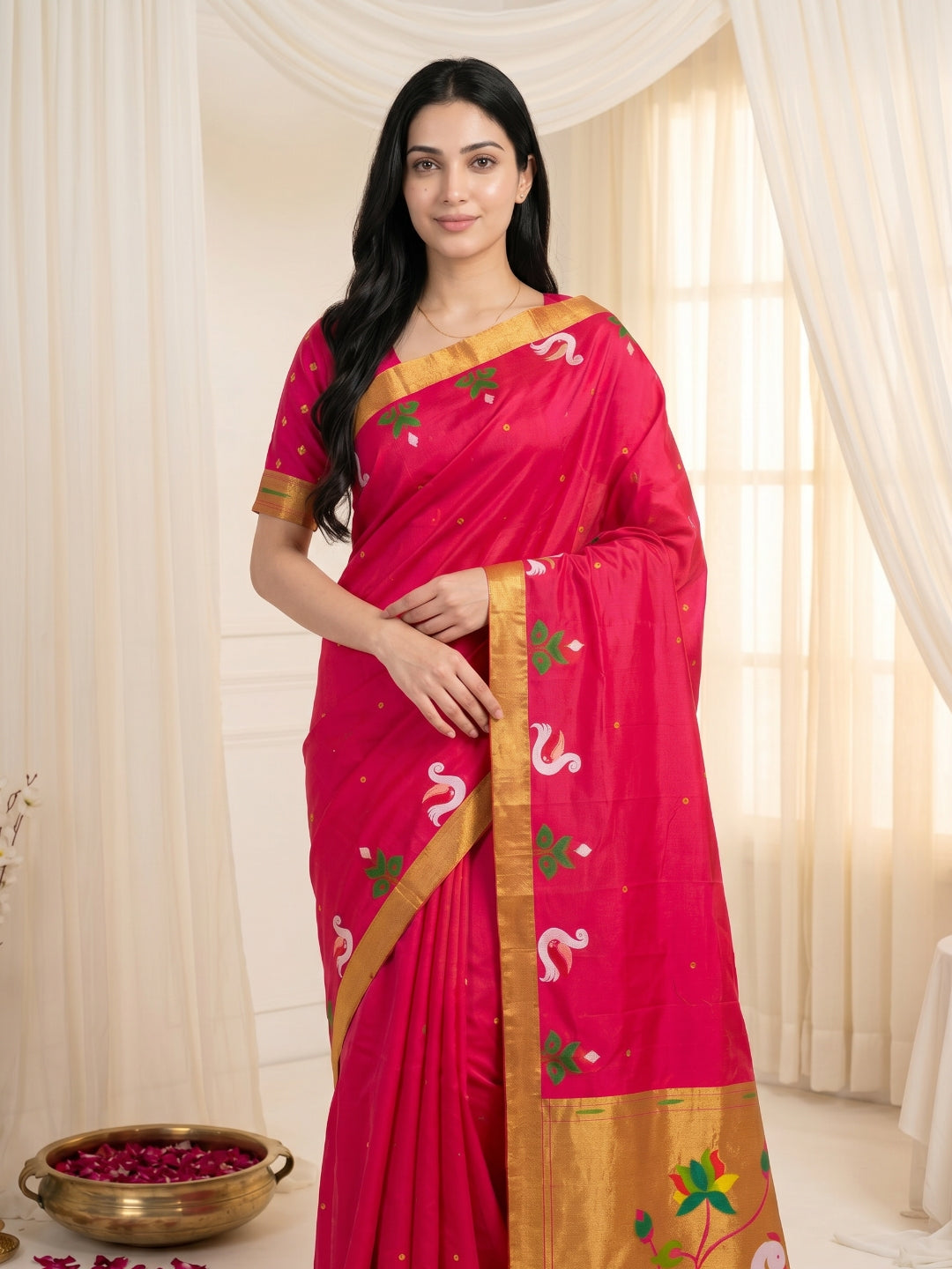 Rani Pink Soft Paithani Silk Saree with Swan Concept Saree