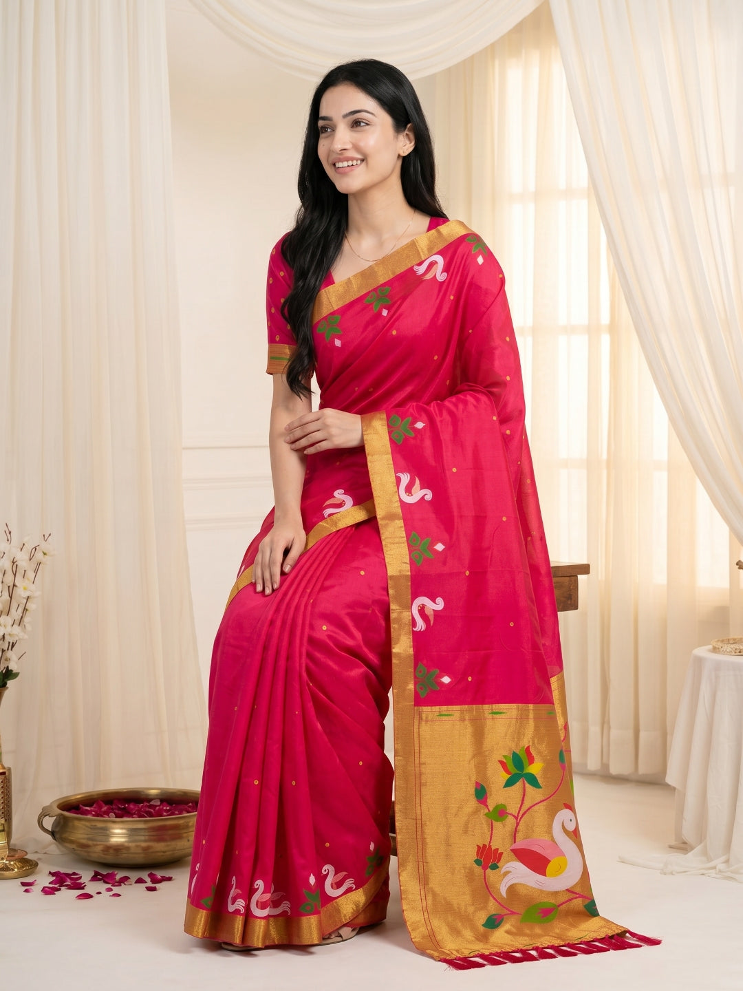 Rani Pink Soft Paithani Silk Saree with Swan Concept Saree
