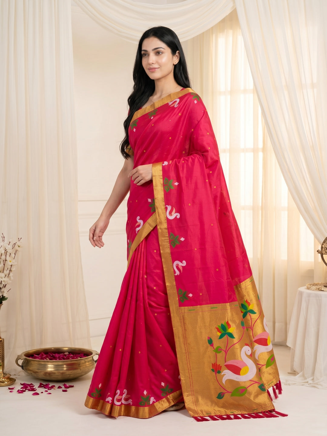 Rani Pink Soft Paithani Silk Saree with Swan Concept Saree