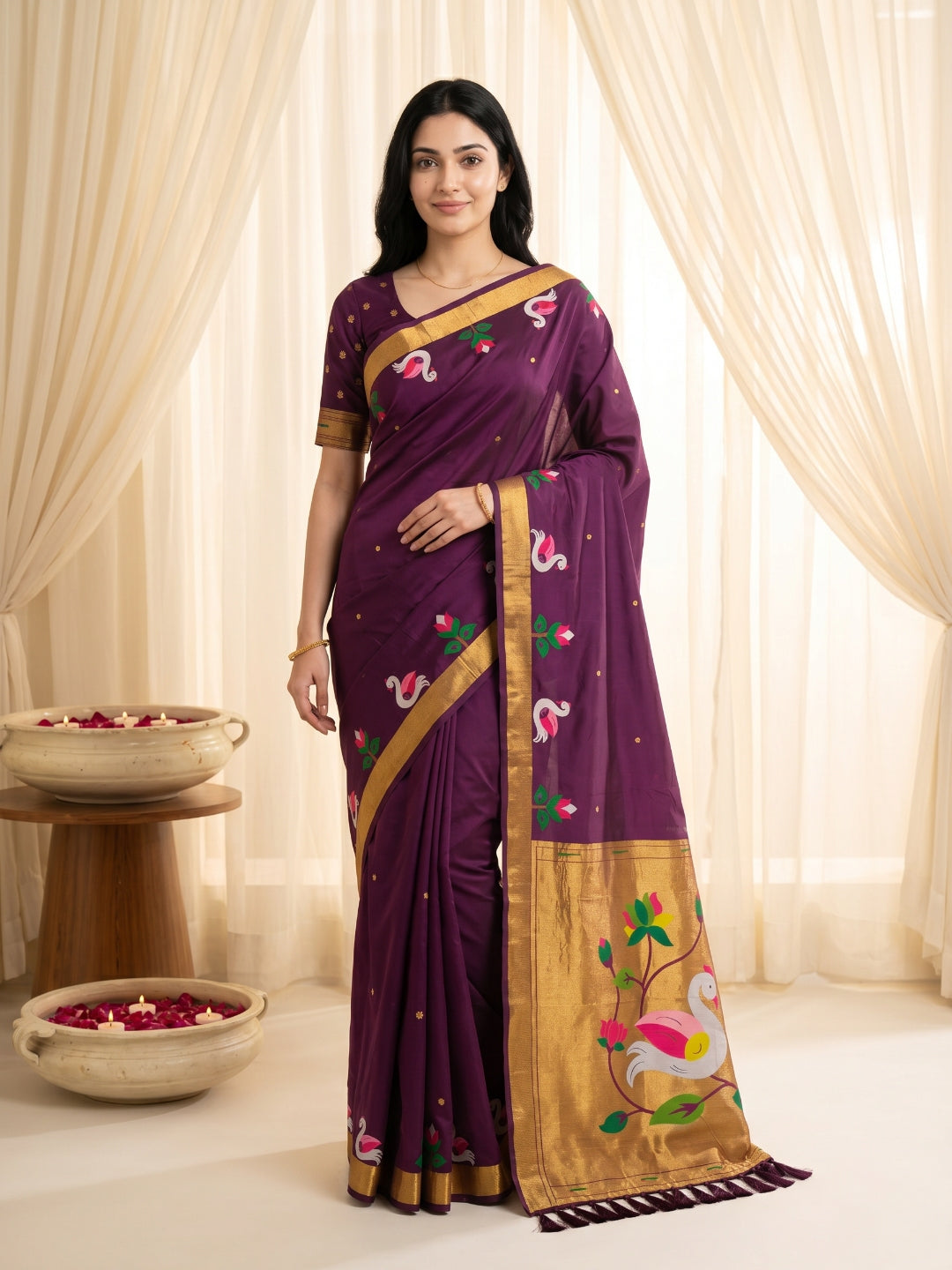 Wine Soft Paithani Silk Saree with Swan Concept Saree