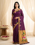 Wine Soft Paithani Silk Saree with Swan Concept Saree