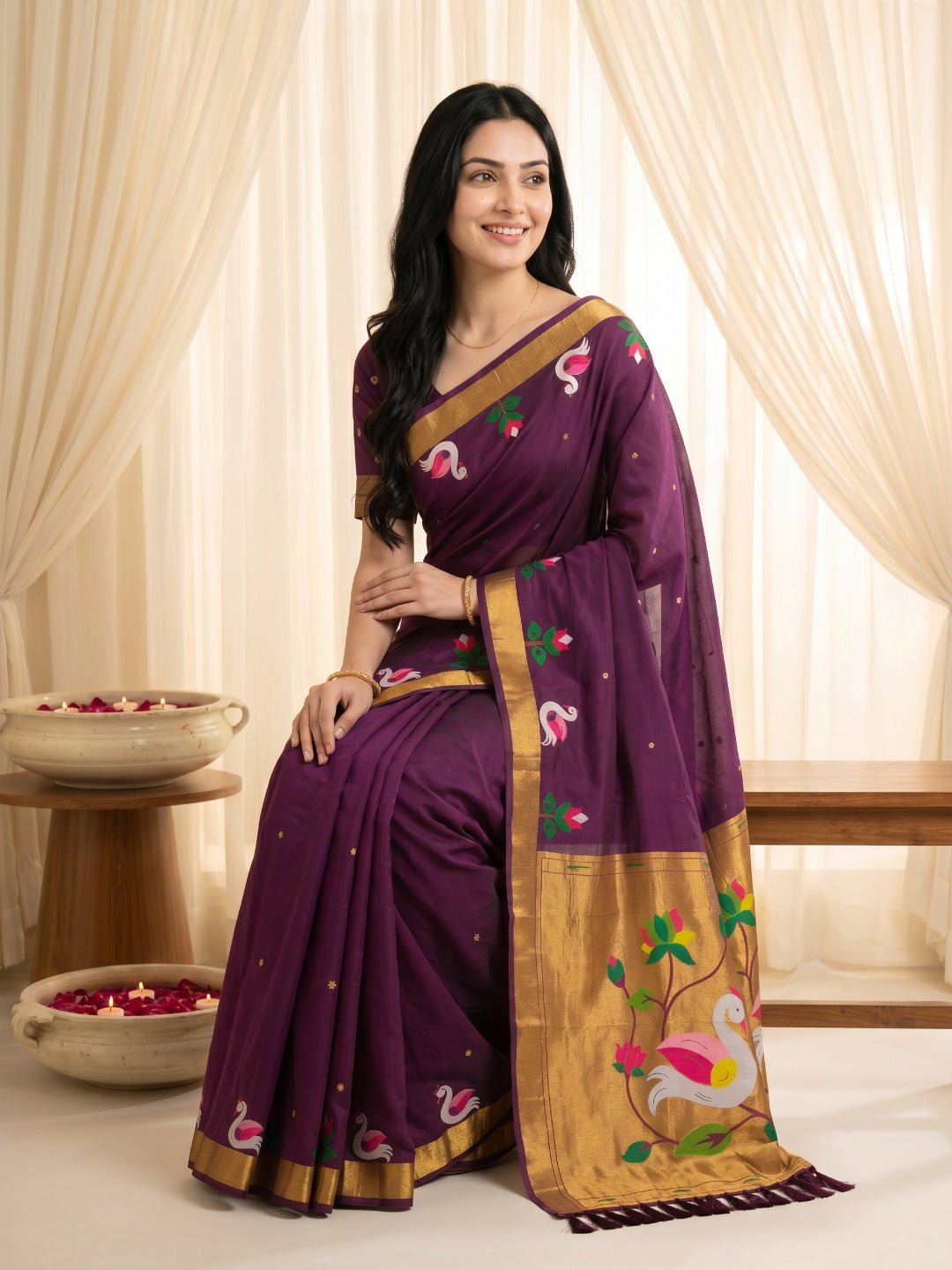 Wine Soft Paithani Silk Saree with Swan Concept Saree