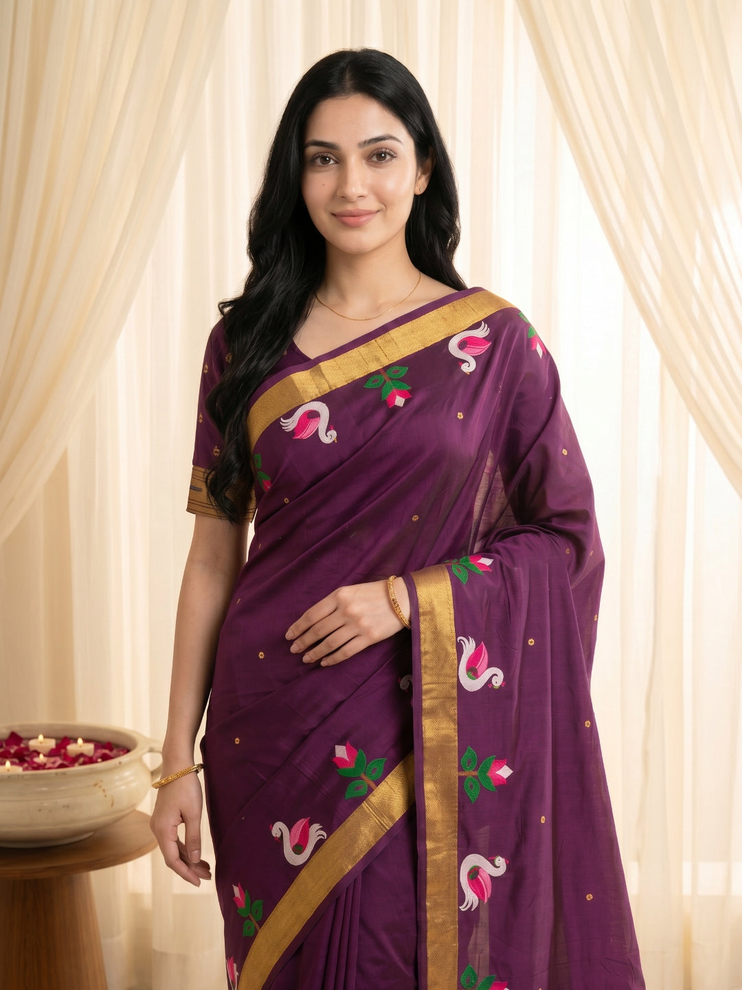 Wine Soft Paithani Silk Saree with Swan Concept Saree