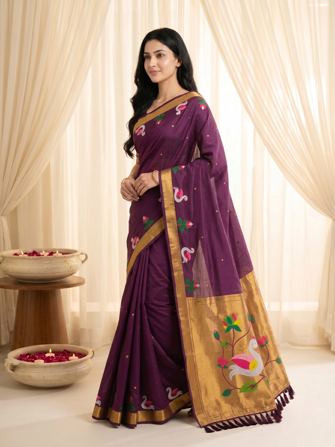 Wine Soft Paithani Silk Saree with Swan Concept Saree