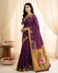 Wine Soft Paithani Silk Saree with Swan Concept Saree
