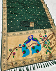 Bottle Green Soft Paithani Silk Saree with Rich Peacock Pallu