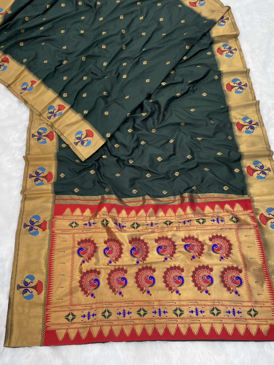 Bottle green Soft Paithani Silk Zari Woven Peacock Nath Saree