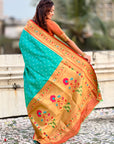 Aqua Blue Bandhani Weaves Silk Saree with Paithani Border & Pallu