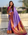 Lavender Bandhani Weaves Silk Saree with Paithani Border & Pallu